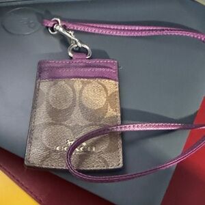 Coach Brown Signature Canvas ID Holder with Purple Trim and Strap